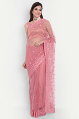 Pink Net Thread Embroidered Saree