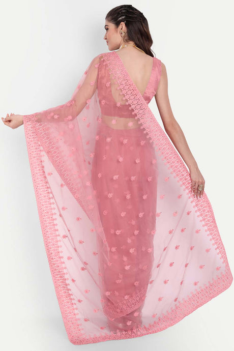 Pink Net Thread Embroidered Saree