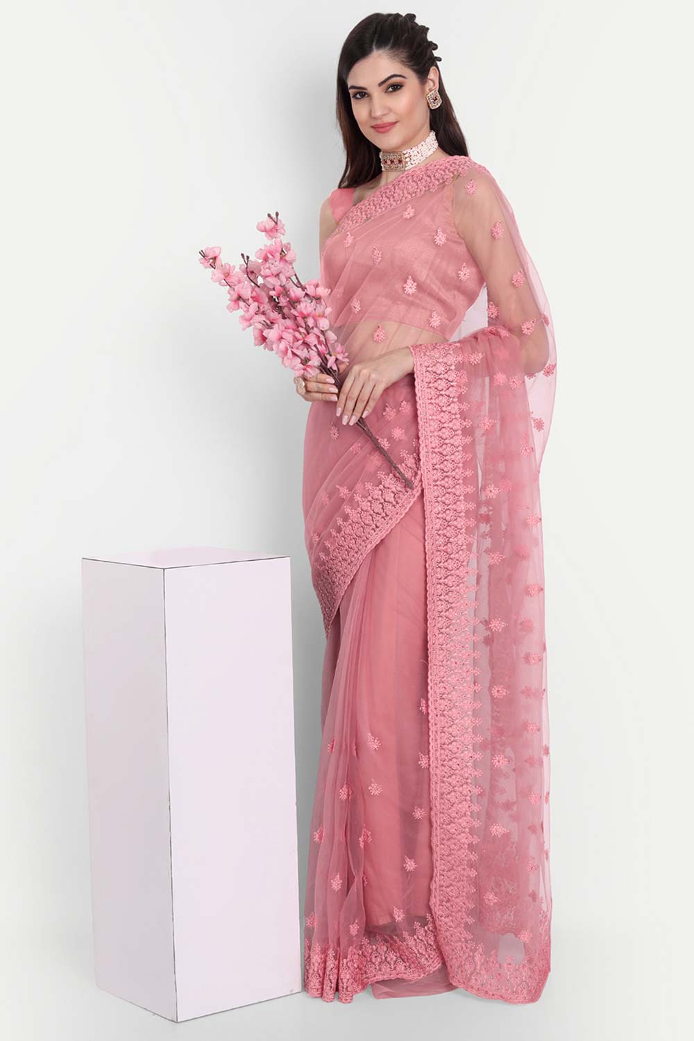 Pink Net Thread Embroidered Saree