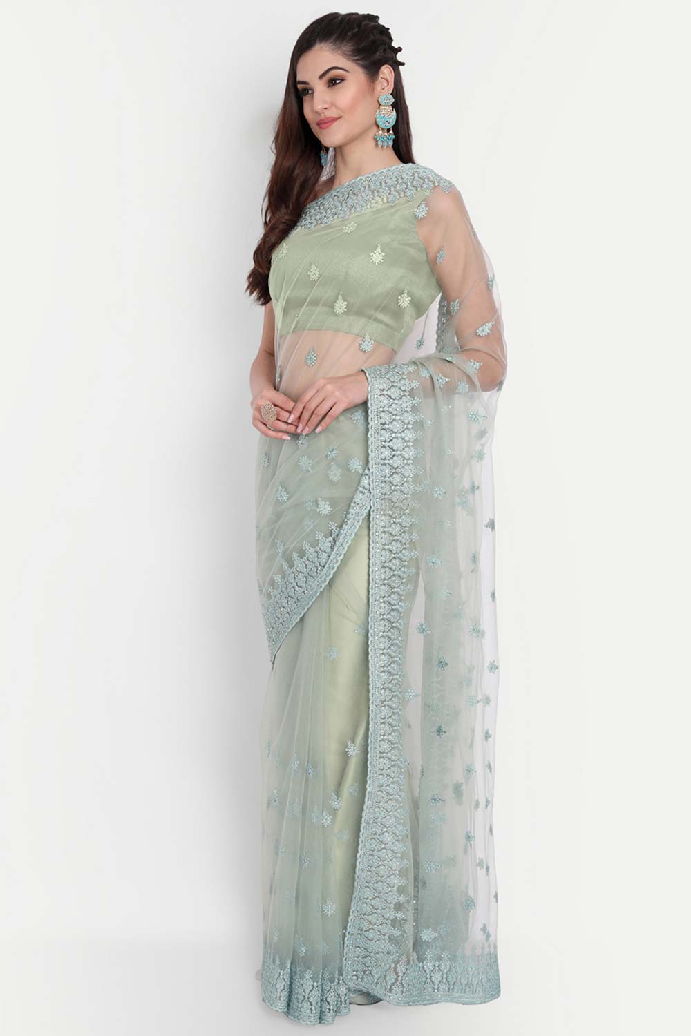 Green Net Thread Embroidered Saree