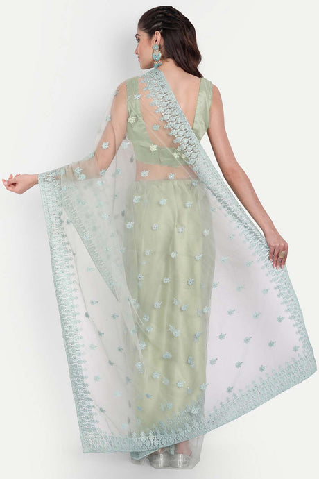 Green Net Thread Embroidered Saree