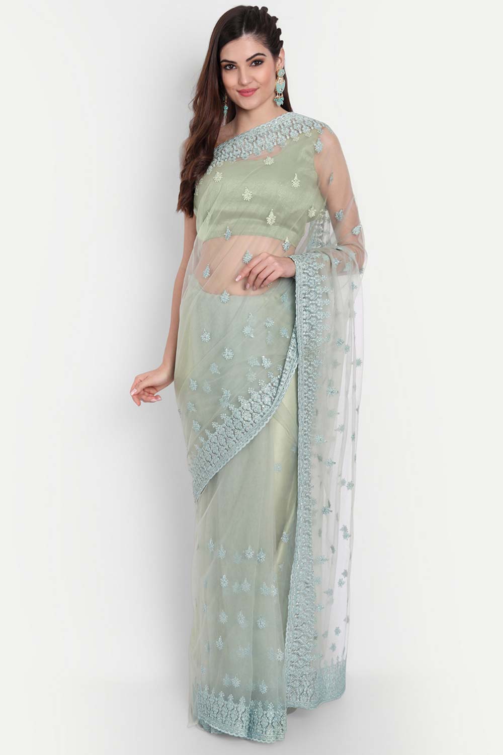 Green Net Thread Embroidered Saree