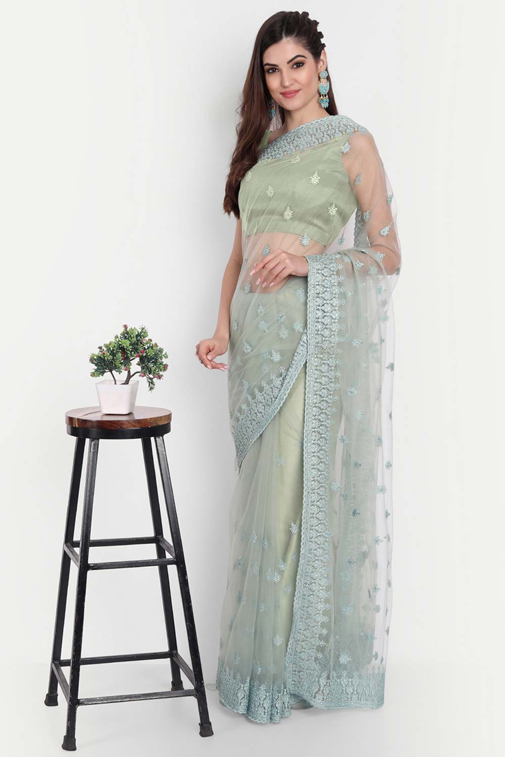 Green Net Thread Embroidered Saree