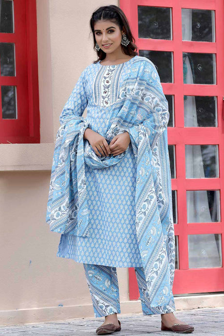 Buy Pure Cotton Block Printed Ready to Wear Suit Set in Blue Online