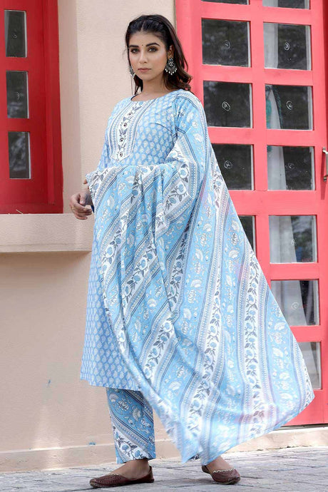 Buy Pure Cotton Block Printed Ready to Wear Suit Set in Blue Online - Back
