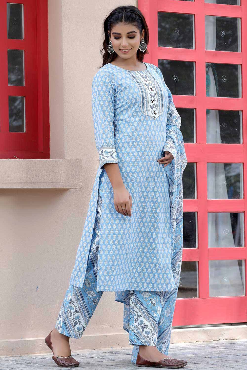 Buy Pure Cotton Block Printed Ready to Wear Suit Set in Blue Online - Front