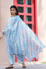 Buy Pure Cotton Block Printed Ready to Wear Suit Set in Blue Online - Side