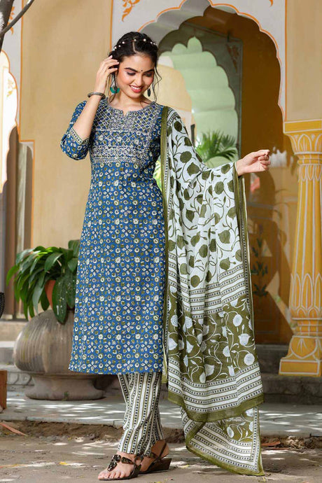 Buy Blended Cotton Embroidered Ready to Wear Suit Set in Blue Online
