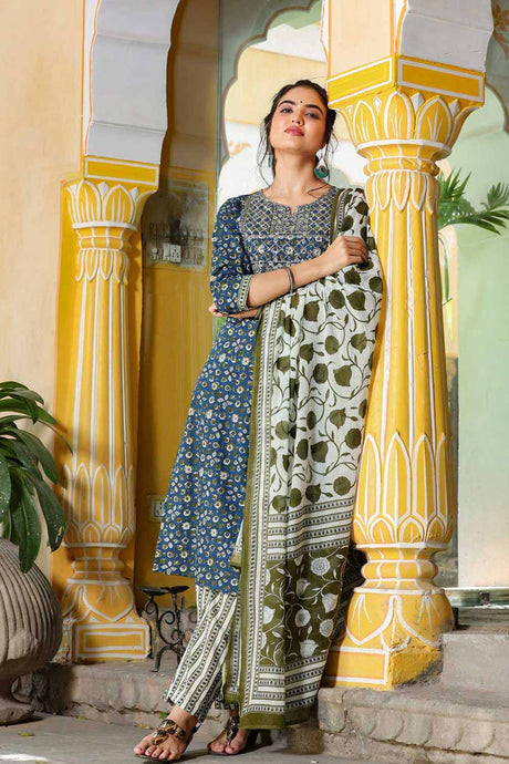 Buy Blended Cotton Embroidered Ready to Wear Suit Set in Blue Online - Back