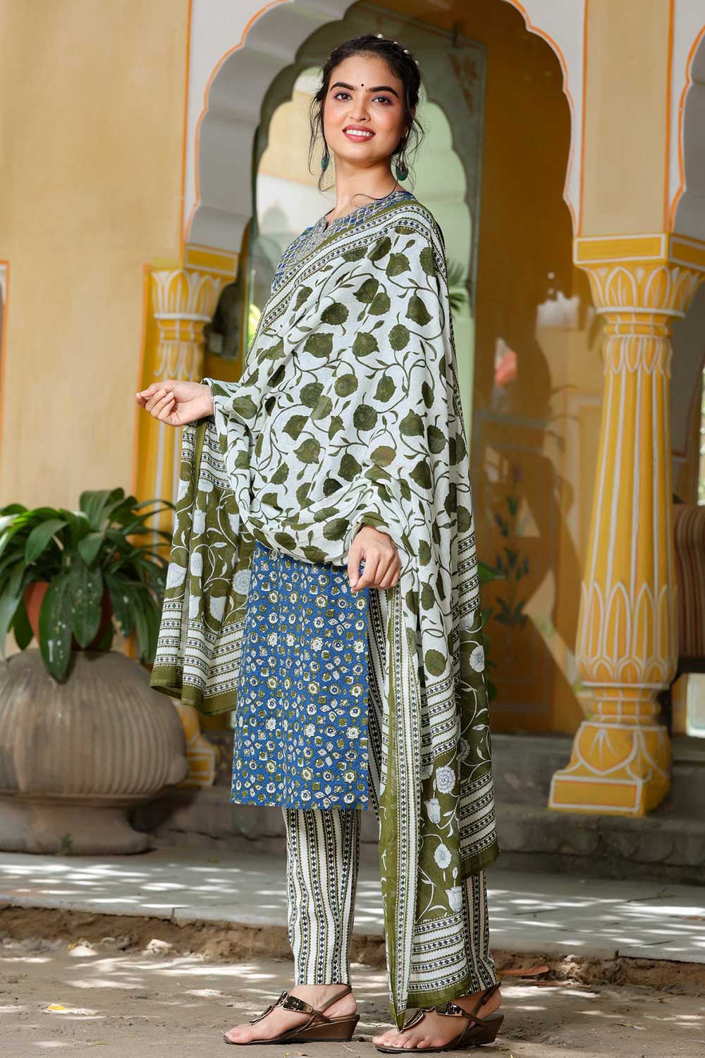 Buy Blended Cotton Embroidered Ready to Wear Suit Set in Blue Online - Front