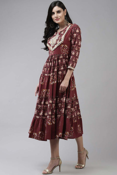 Maroon Pure Cotton Zari Embroidered Dress