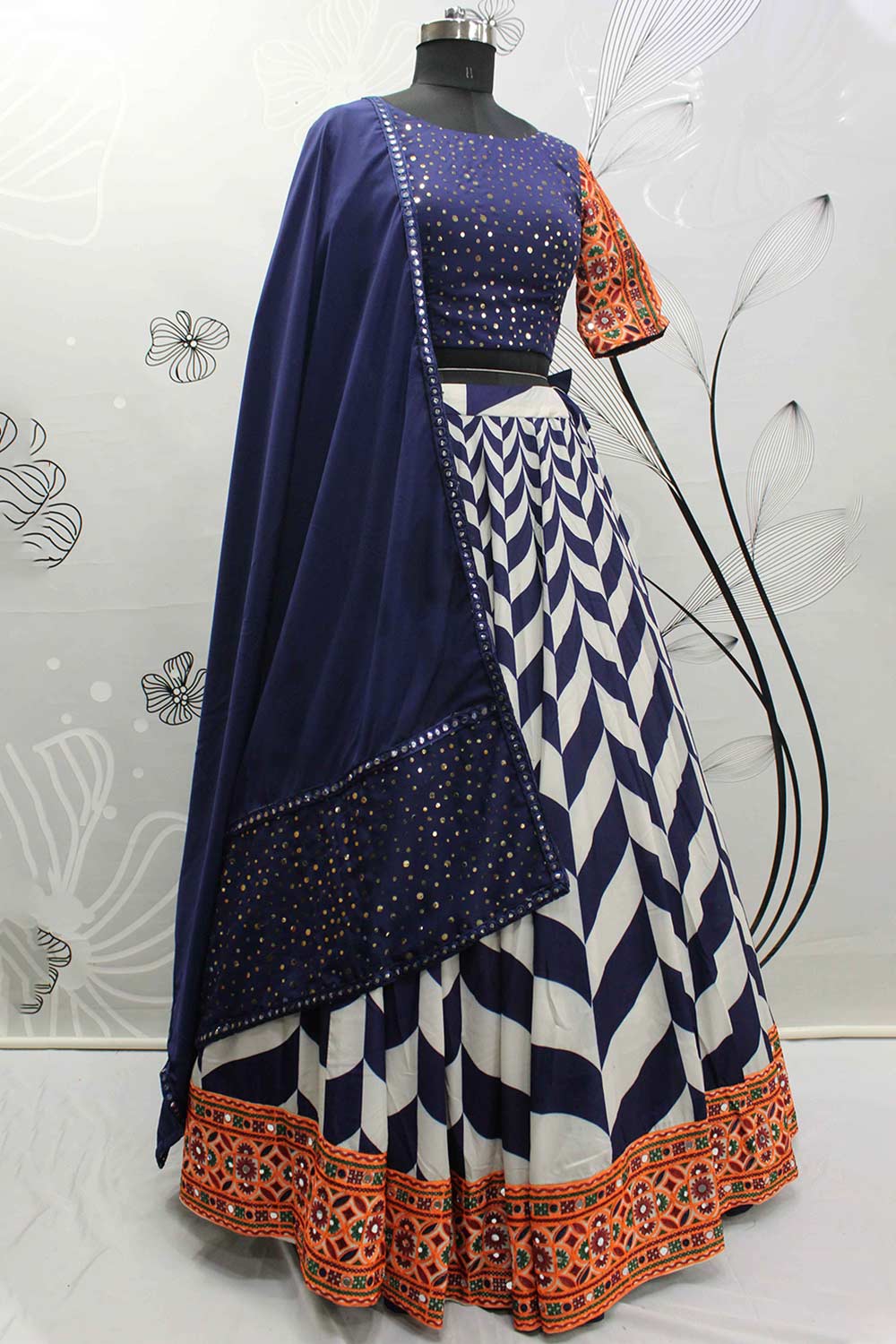 White And Navy Muslin Cotton  Digital Print With Thread Embroidered With All-Over Mirror Lehenga And Choli