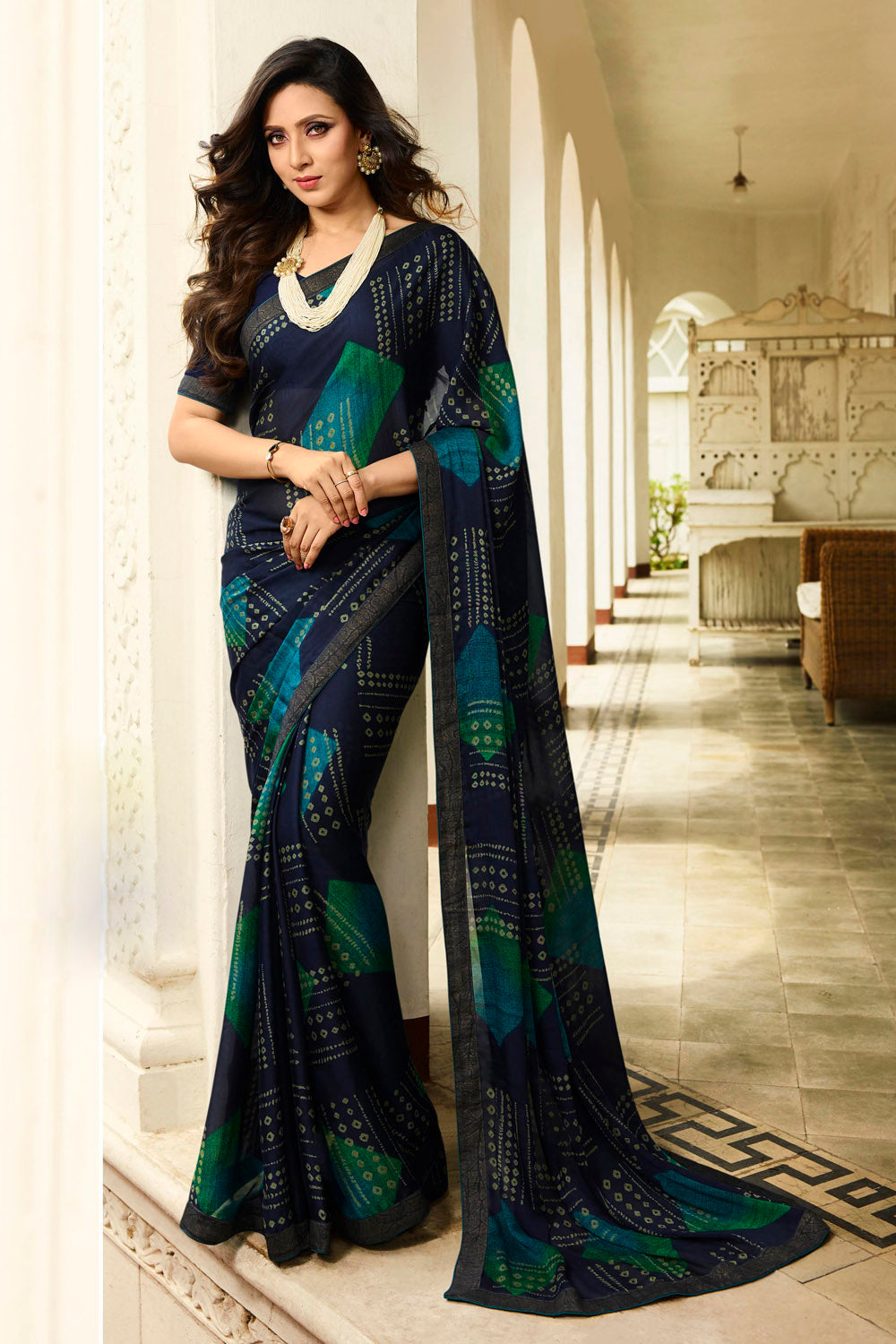 Art Silk Printed Saree In Dark Royal Blue