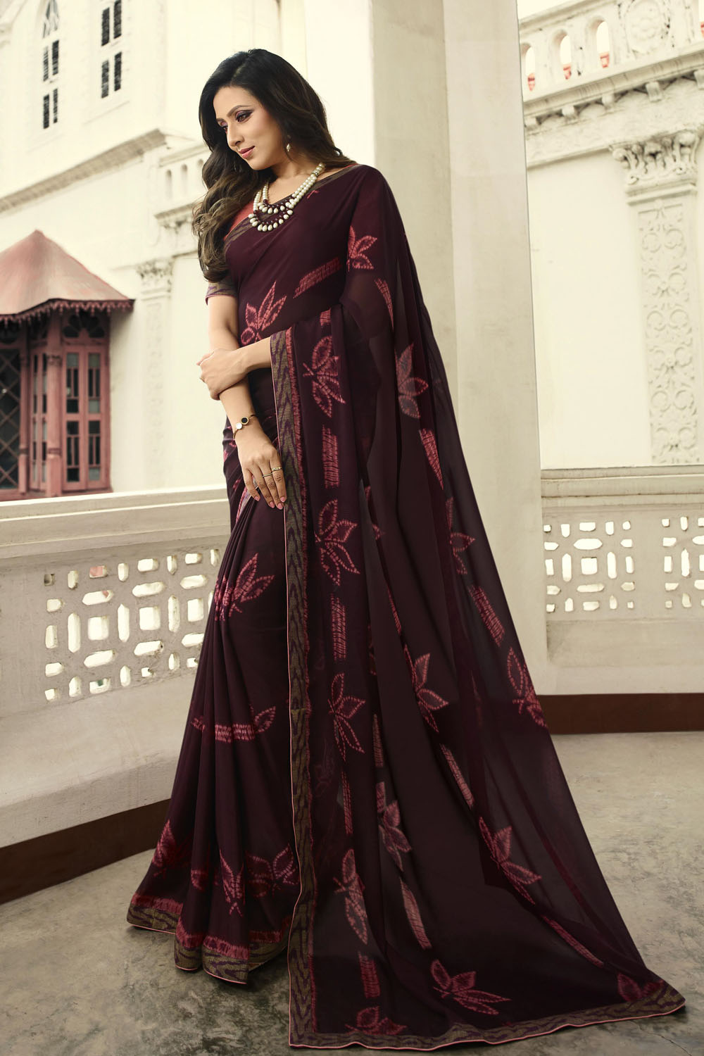 Art Silk Printed Saree In Dark Burgundy