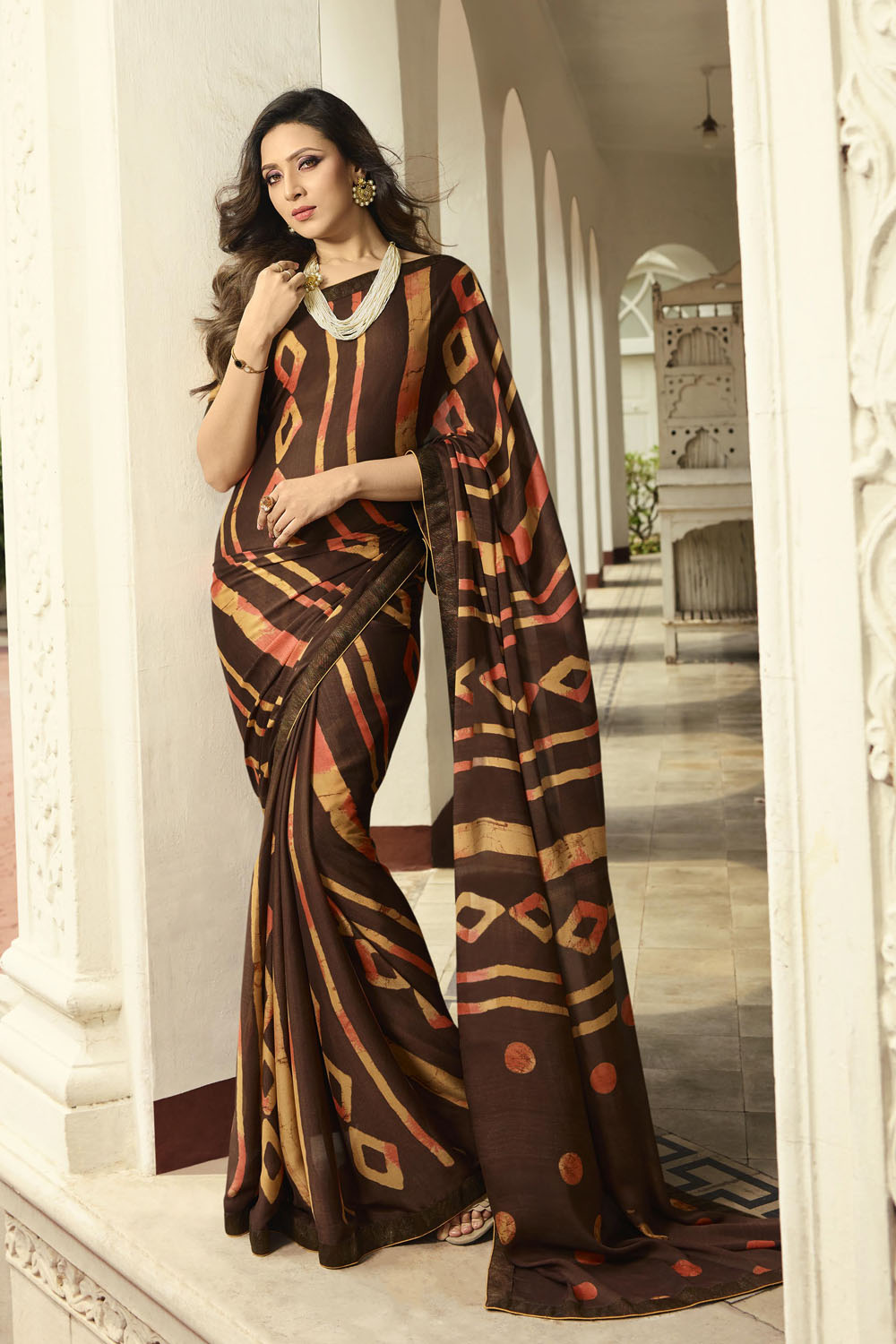 Art Silk Printed Saree In Brown