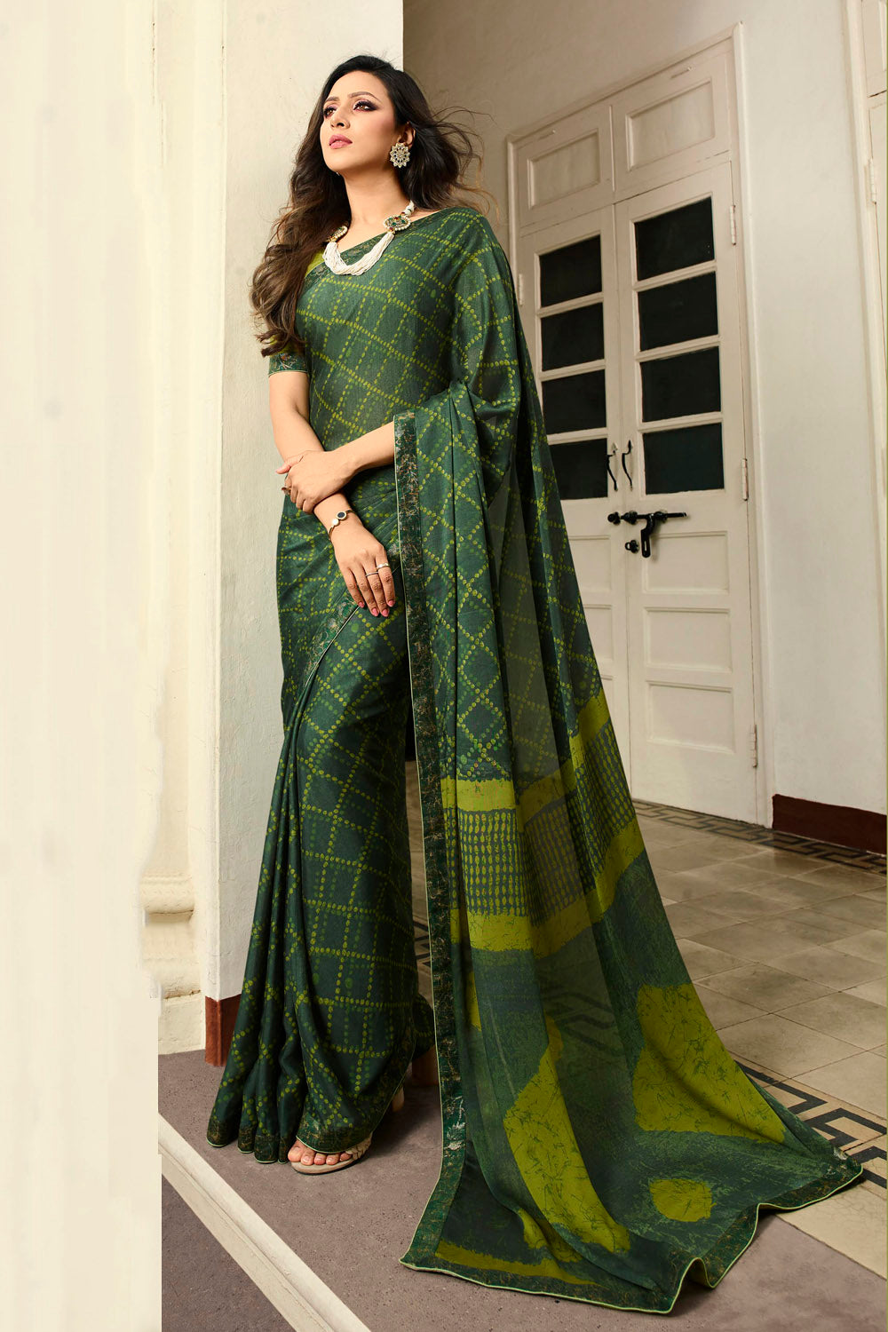 Art Silk Printed Saree In Green