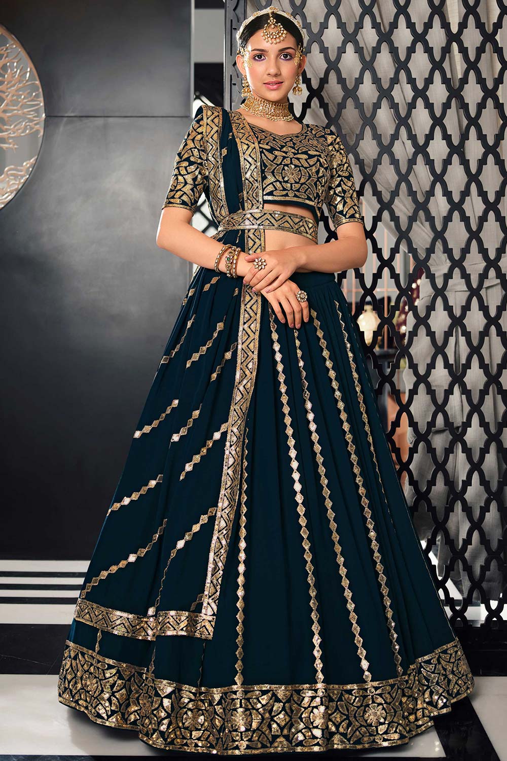 Teal Blue Georgette Thread With Sequince Embroidered Lehenga And Choli