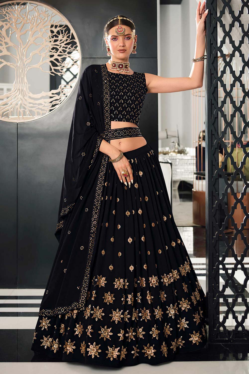 Navy Blue Georgette Thread With Sequince Embroidered Lehenga And Choli