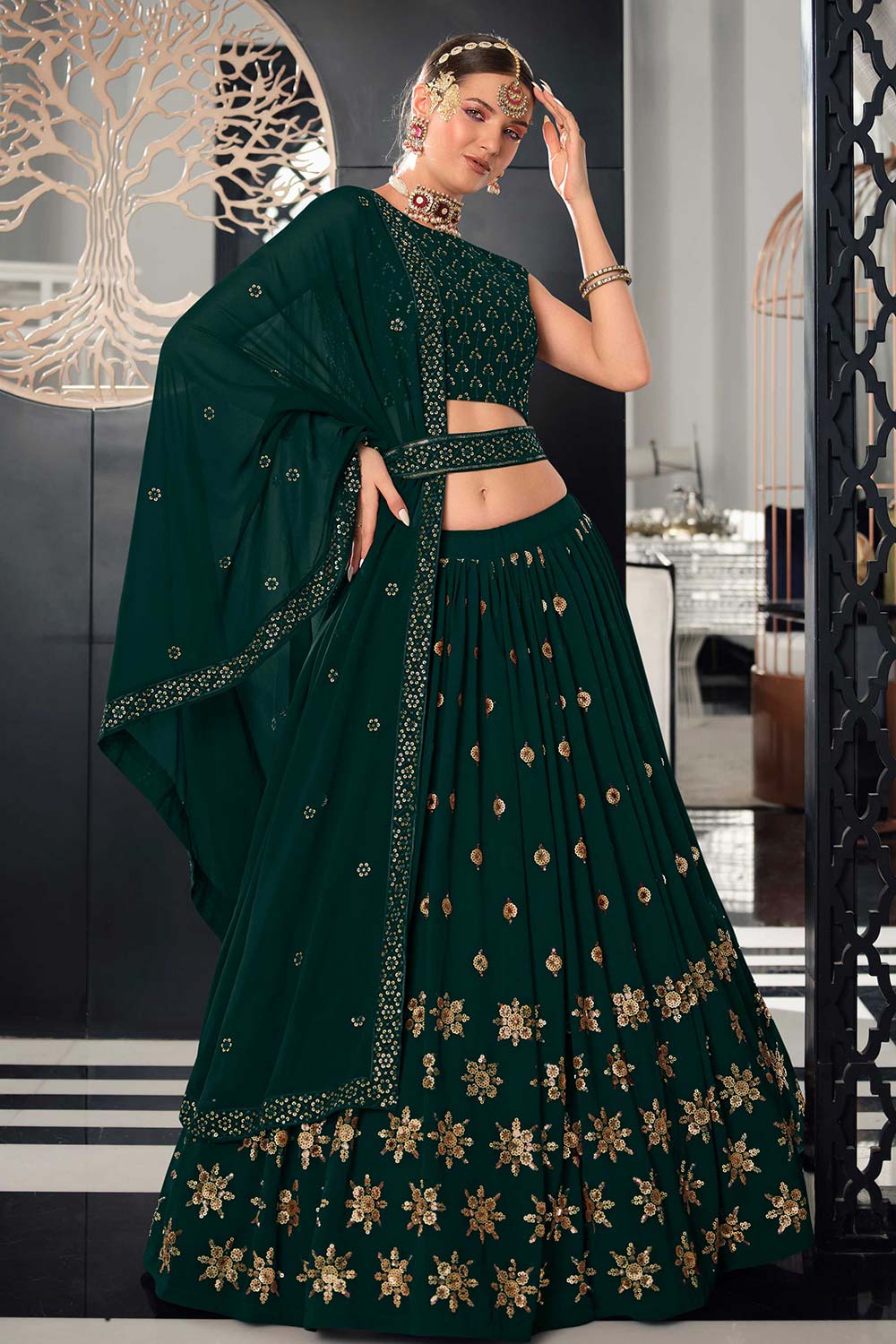 Green Georgette Thread With Sequince Embroidered Lehenga And Choli