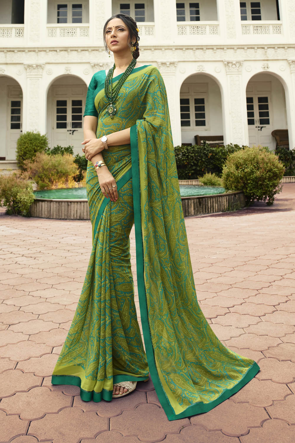 Georgette Printed Saree In Green