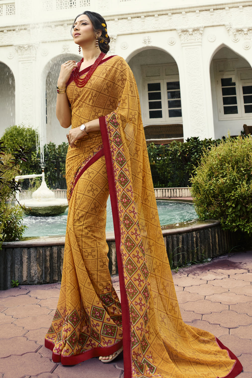 Georgette Printed Saree In Yellow