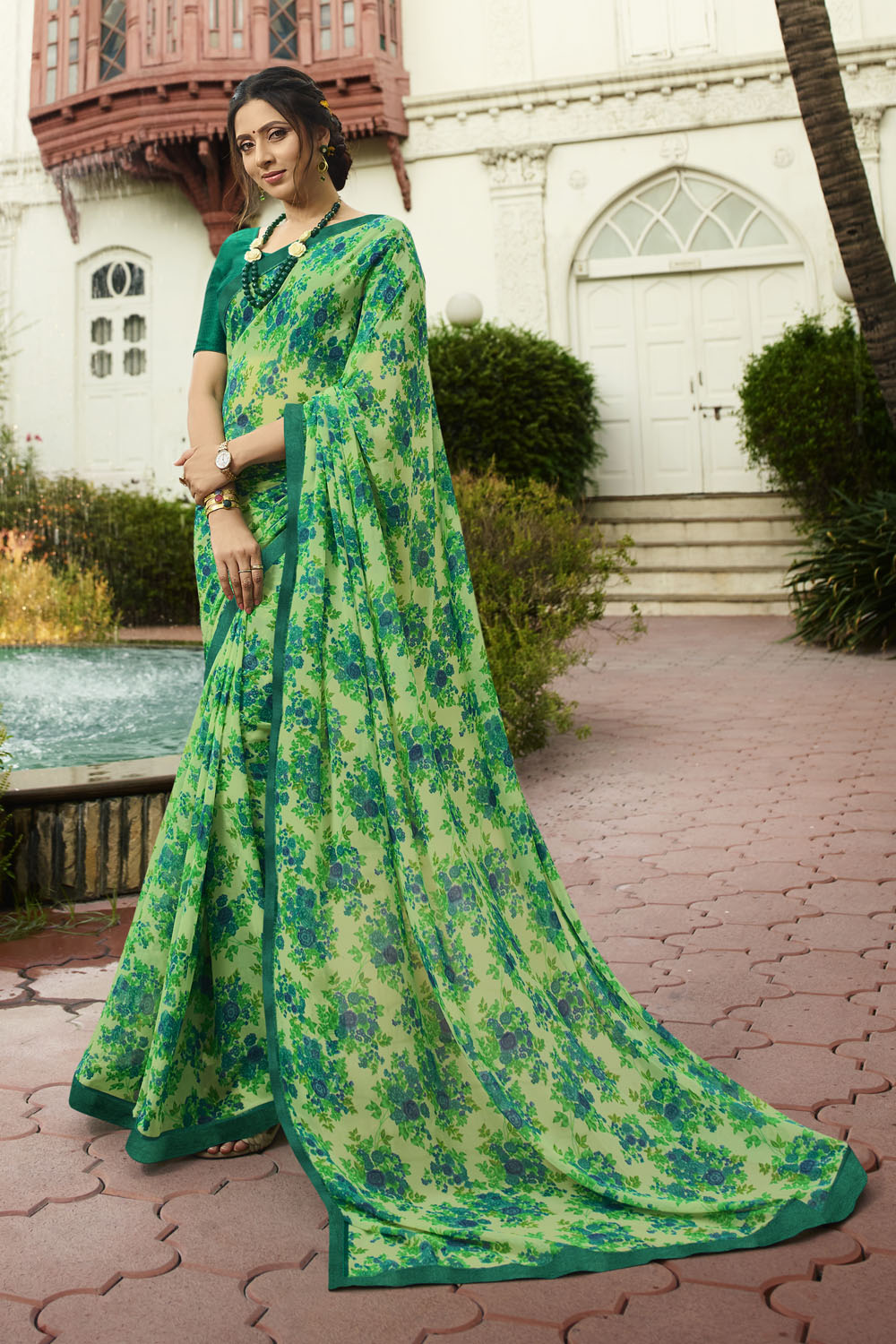 Georgette Printed Saree In Light Lime