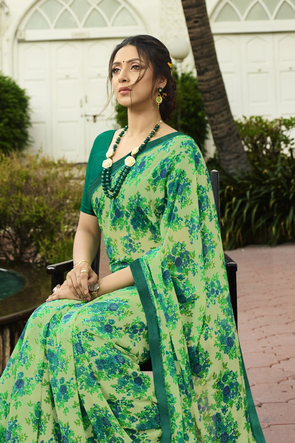 Georgette Printed Saree In Light Lime