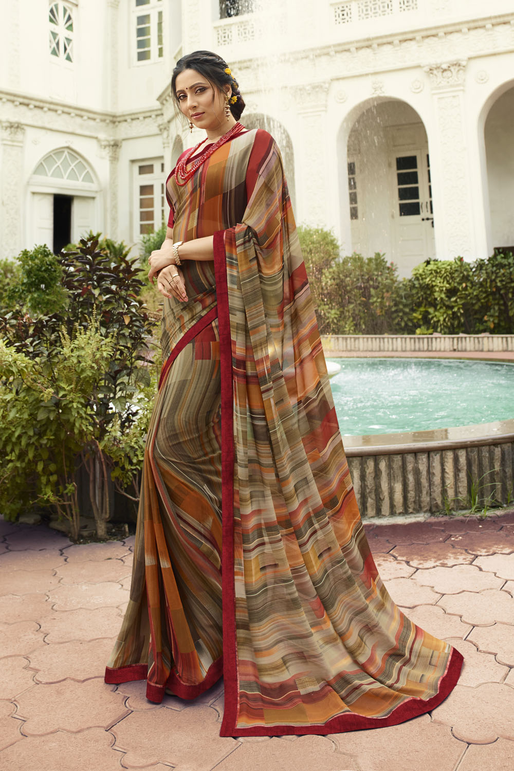 Georgette Printed Saree In Brown