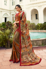 Georgette Printed Saree In Brown