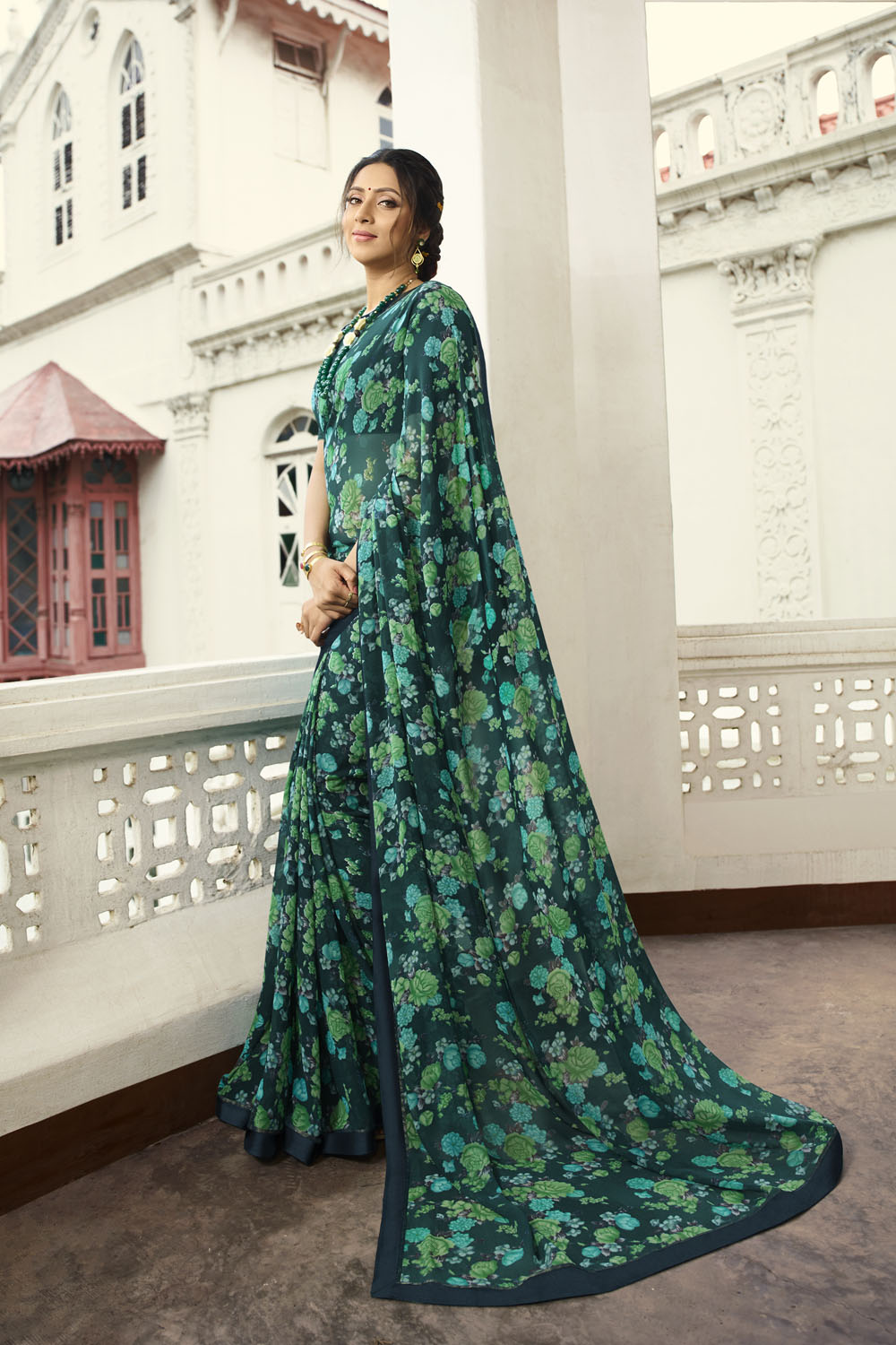 Georgette Printed Saree In Green