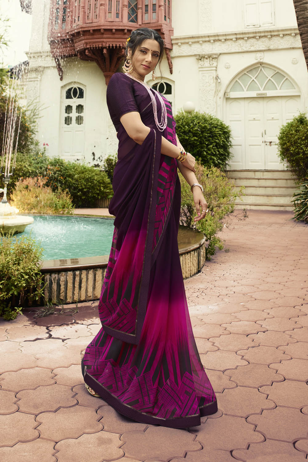 Georgette Printed Saree In Violet