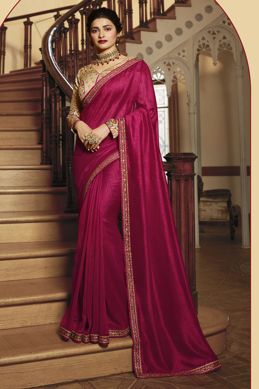 Silk Embroidery Saree In Rani Pink