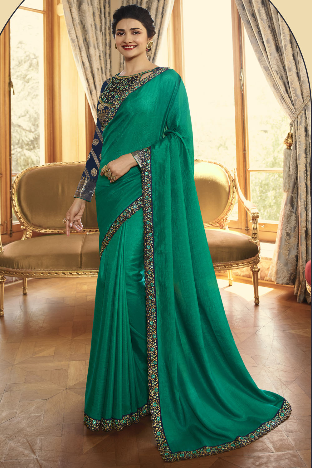 Silk Embroidery Saree In Rama Green