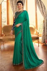 Silk Embroidery Saree In Rama Green