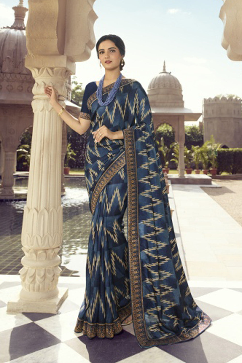 Silk Printed Saree In Dark Blue