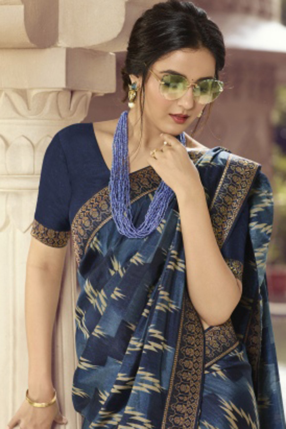 Silk Printed Saree In Dark Blue