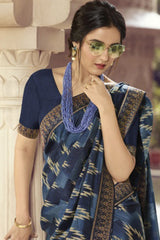 Silk Printed Saree In Dark Blue