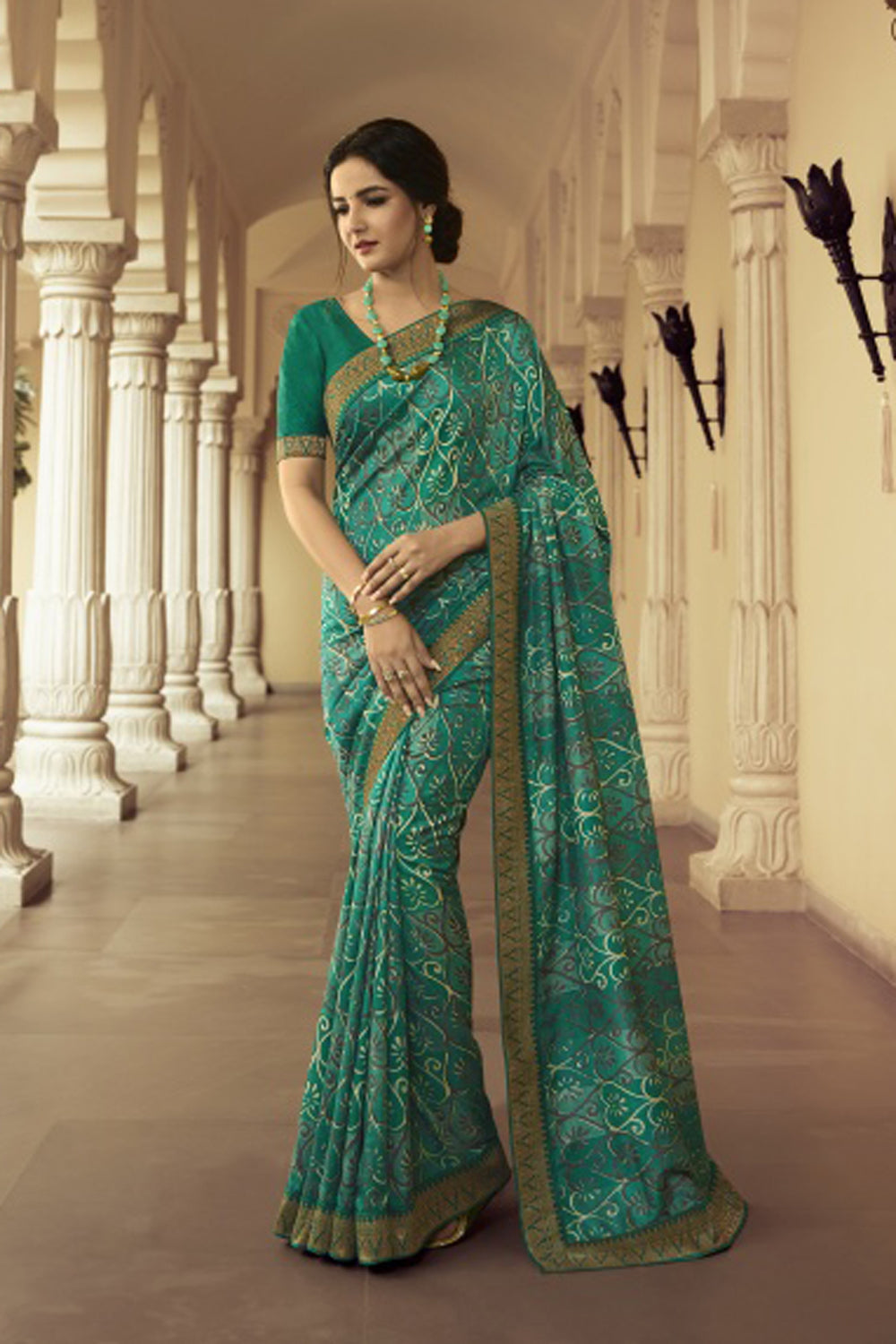 Silk Printed Saree In Green