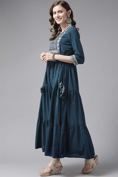 Blue Pure Cotton Zari Embroidery And  Mirror Dress