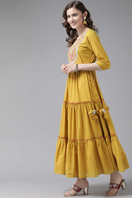 Mustard Pure Cotton Zari Embroidery And  Mirror & Gotta And  Dress