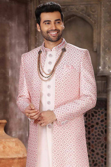 Buy Men's Cream Jacquard Banarasi Silk Kurta Pajama Jacket Set  Online - Back