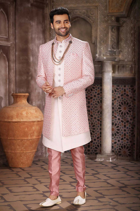 Buy Men's Pink Art Silk Sequin Embroidered Kurta Pajama Jacket Set  Online