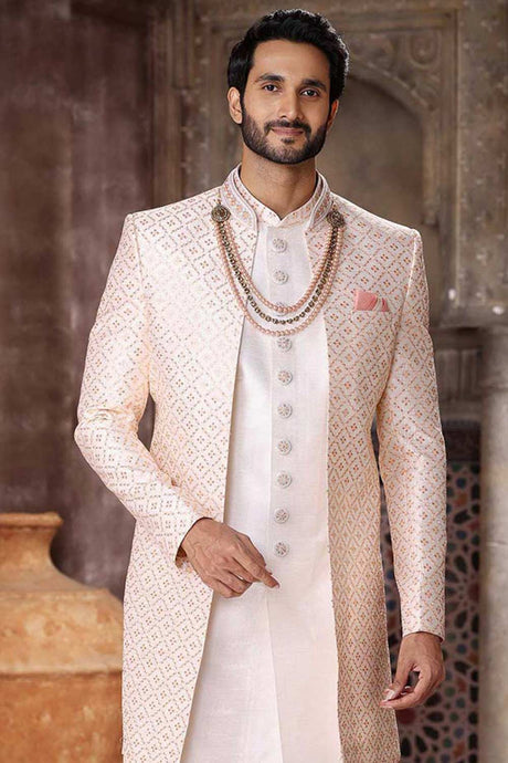 Buy Men's Beige Jacquard Banarasi Silk Kurta Pajama Jacket Set  Online - Back