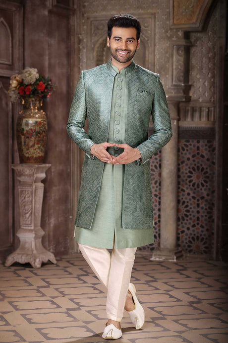 Buy Men's Green Art Silk Printed Kurta Pajama Jacket Set  Online