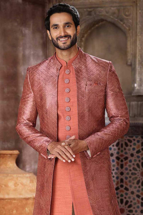 Buy Men's Green Jacquard Banarasi Silk Kurta Pajama Jacket Set  Online - Back