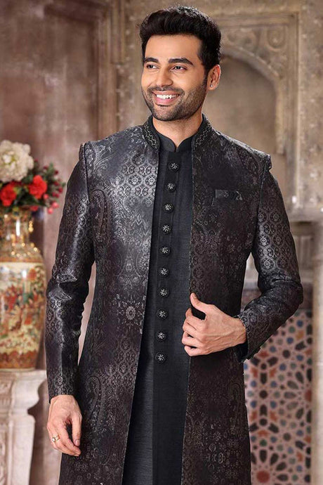 Buy Men's Dark Grey Jacquard Banarasi Silk Kurta Pajama Jacket Set  Online - Back