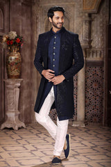 Buy Men's Blue Art Silk Sequin Embroidered Kurta Pajama Jacket Set  Online