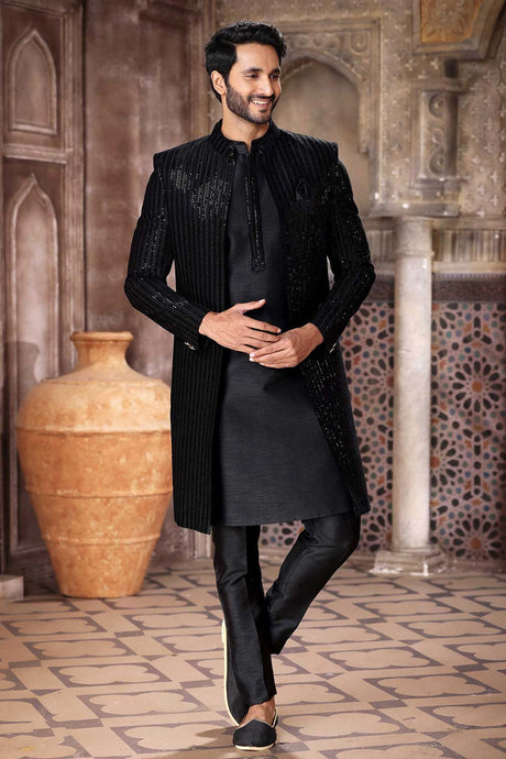 Buy Men's Black Art Silk Sequin Embroidered Kurta Pajama Jacket Set  Online