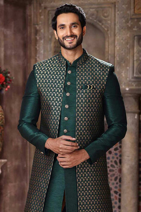 Buy Men's Green Art Silk Printed Kurta Pajama Jacket Set  Online - Back
