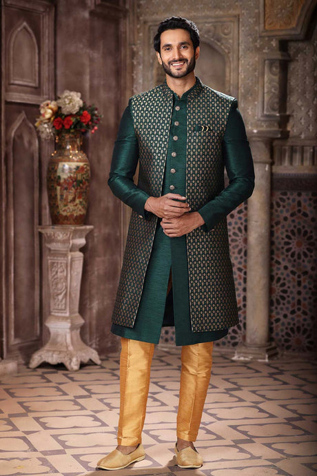 Buy Men's Green Art Silk Printed Kurta Pajama Jacket Set  Online